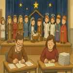A School Nativity on stage with a couple of unhelpful teachers more interested in. marking than directing the show