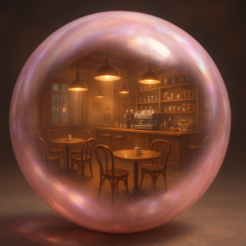 A spherical Pink Pearl that within it's sphere contains a picture of a cafe - as if revealed in a crystal ball