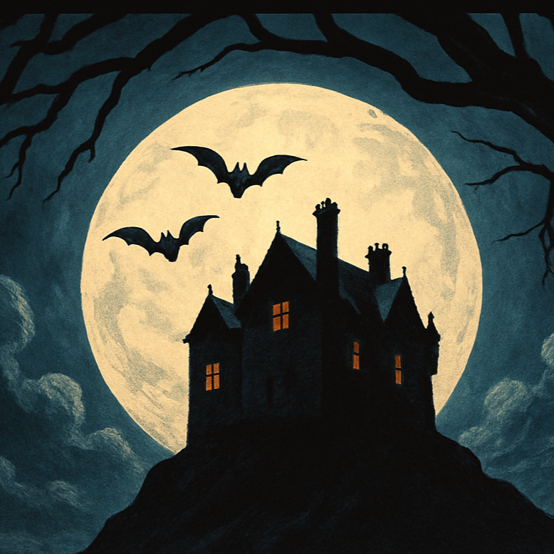 A spooky Scottish house silhouetted on a hill against a moonlit sky in poster style - a couple of bats and an overhanging tree frame the poster
