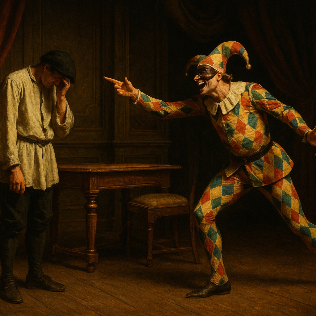 A table and chair and a Harlequin figure mocking, laughing at  another person in the room