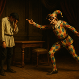 A table and chair and a Harlequin figure mocking, laughing at  another person in the room