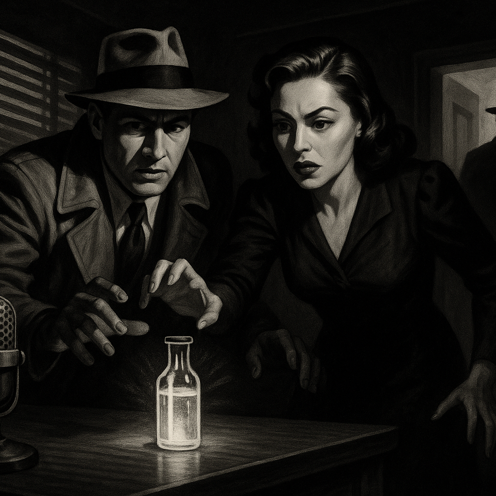A thriller radio play with sound effects involving a husband and wife trying to steal a secret formula and gangster