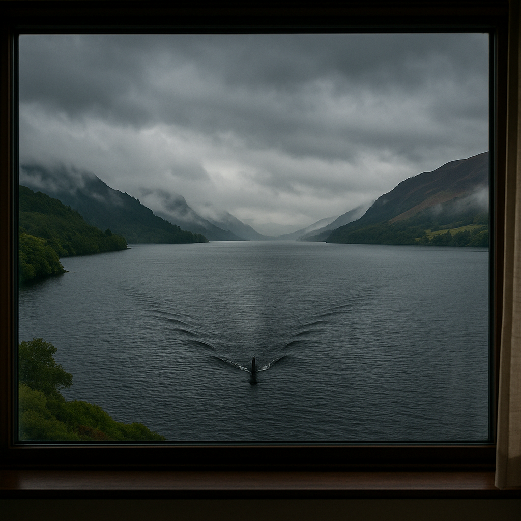A view from a hotel window on the sides of Loch Ness - with a mysterious wake in the water
