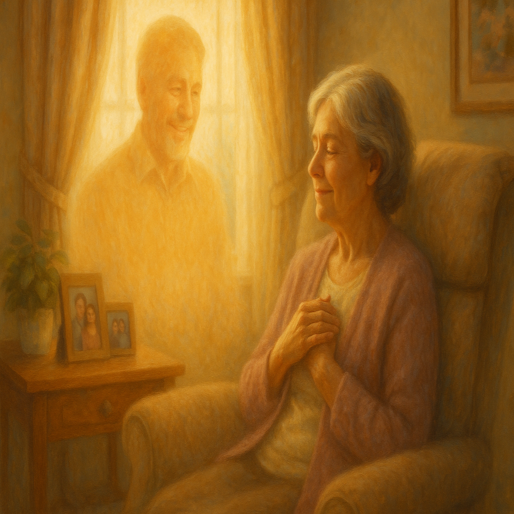 A woman around 60 with dementia has a vision of her recently deceased husband, who is a calming presence on her