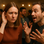 A woman who is hard of hearing tries to listen to a boring man's story droning on at a party