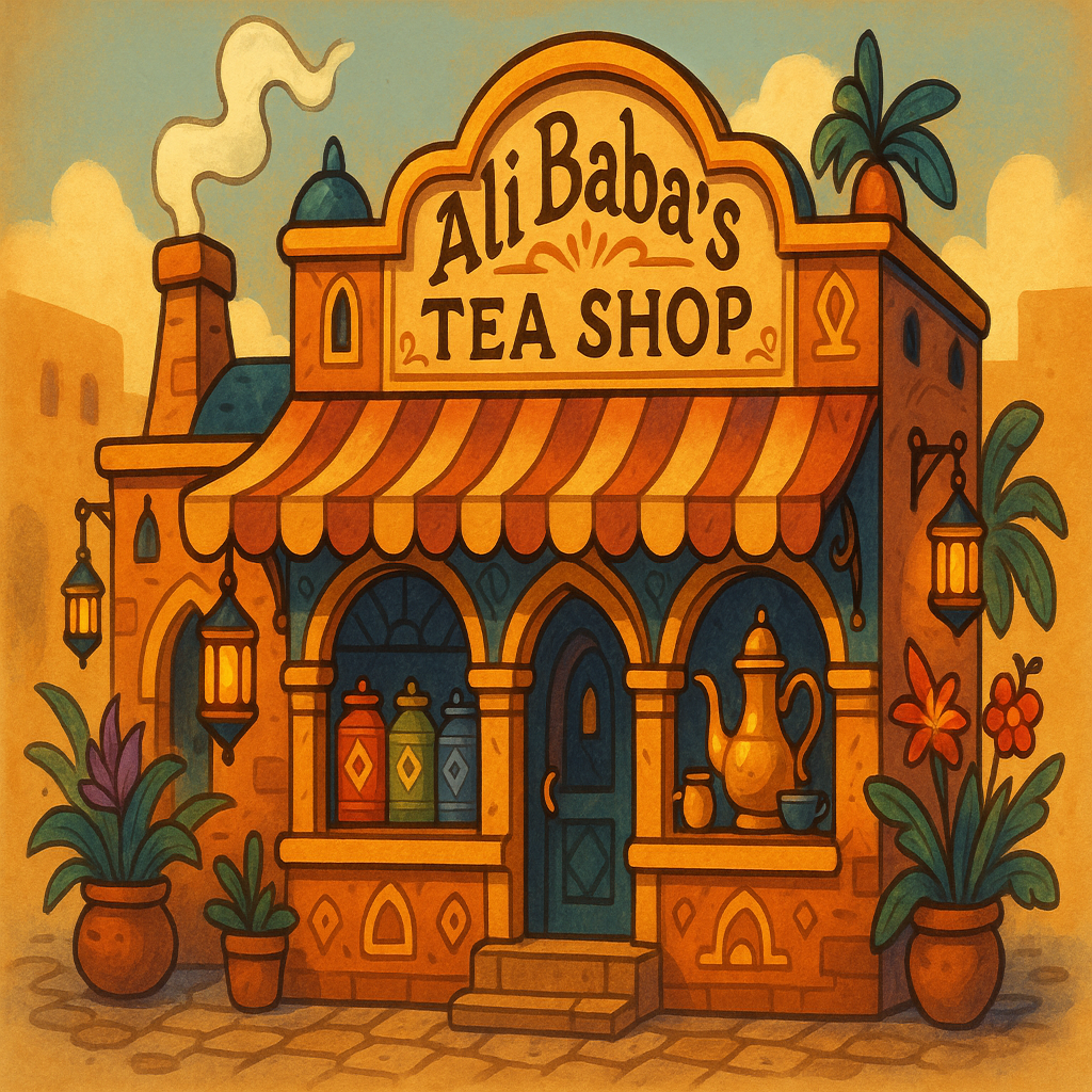 Ali Baba's Tea Shop is pictured, cartoony
