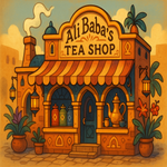Ali Baba's Tea Shop is pictured, cartoony