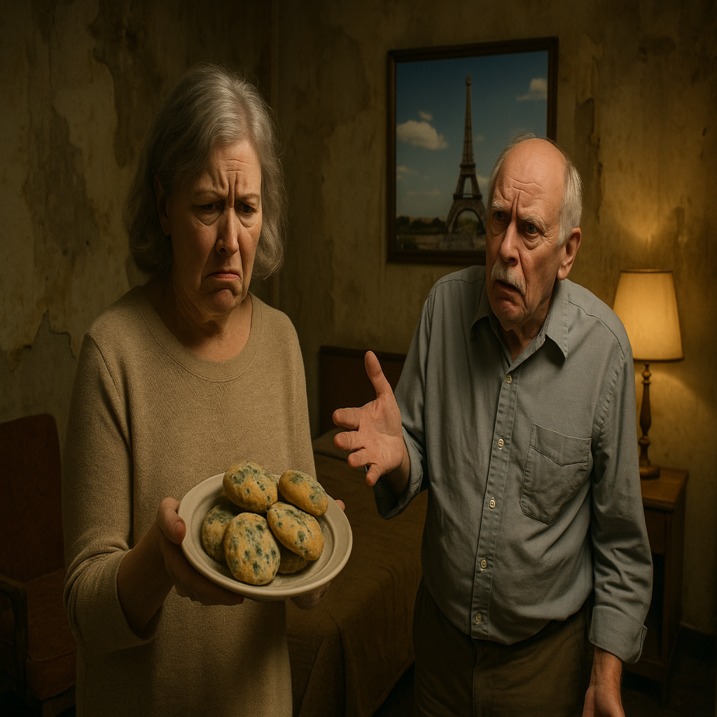 An elderly couple find fault with the state of their hotel room - especially the mouldy biscuits.  On the wall there is a picture of the Eiffel tower - somewhere he should have taken her instead!