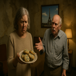 An elderly couple find fault with the state of their hotel room - especially the mouldy biscuits.  On the wall there is a picture of the Eiffel tower - somewhere he should have taken her instead!