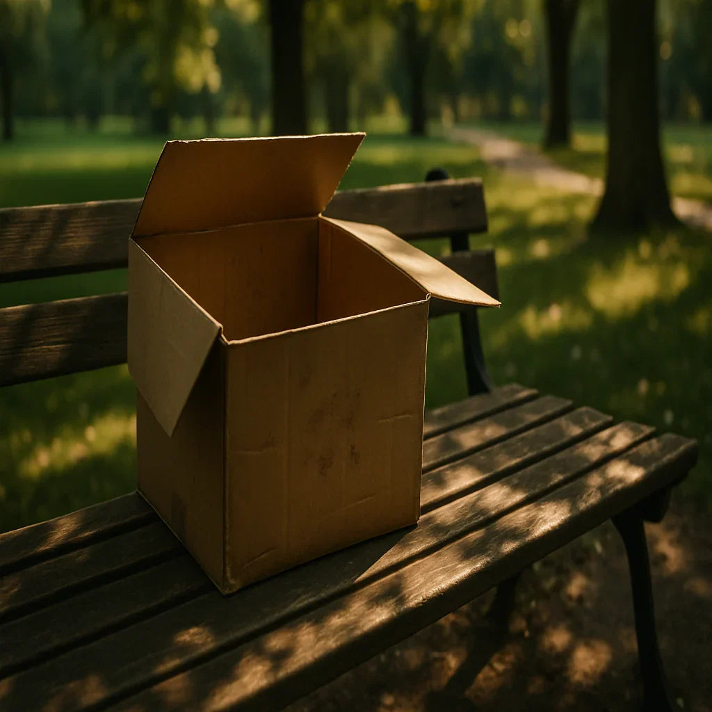 An empty cardboard box left on a bench in the park. What could be in it?