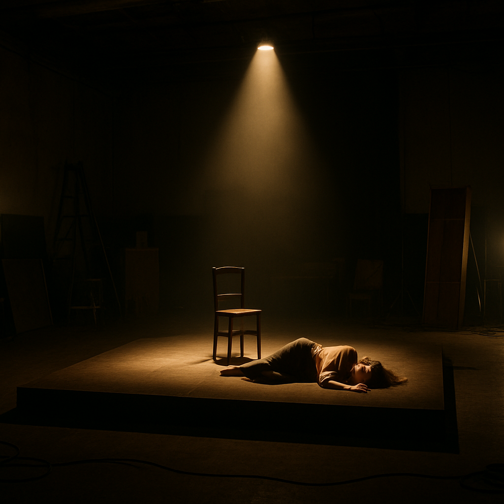 An empty hall is used as a theatricalk space.  There are props everywhere butg an empty stage.  On the stage is a chair and what appears to be a sleeping lady in modern dress - or is she dead?