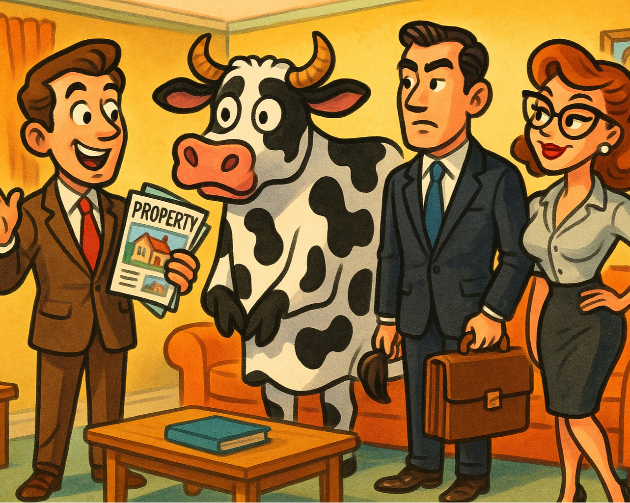 An estate agent, a pantomime cow, a business-man and his flirty secretary all find themselves in the same living room - cartoony style