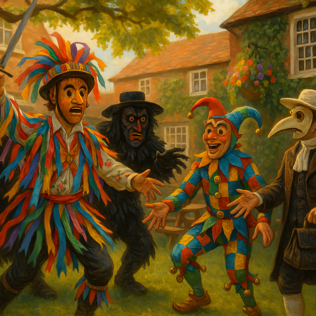 An image of characters that might be in a 'Mummers' play - three or four characters are seen playing the roles in the gardens of a pub