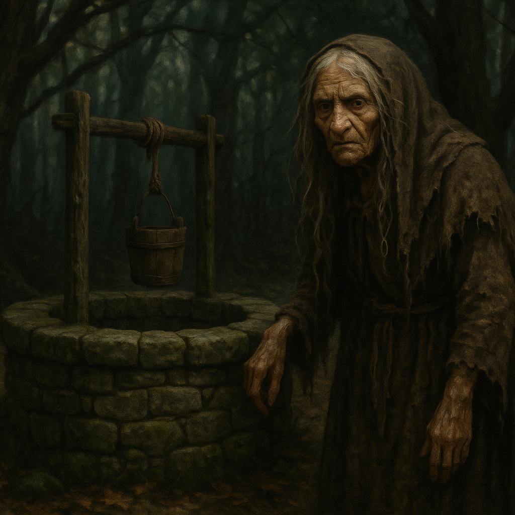 An old haggard woman stands by a deep well in the wood
