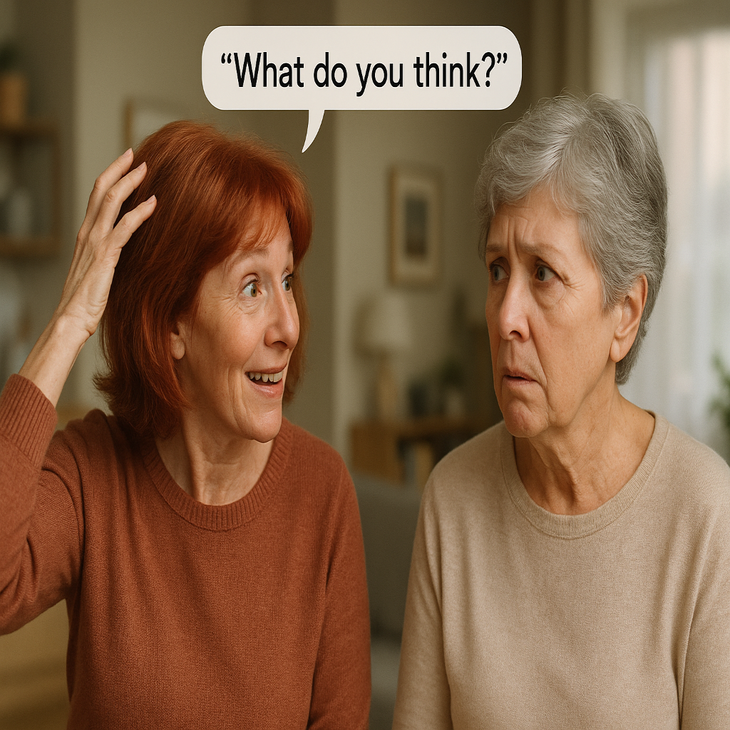 Annie asks Beryl 'what do you think' about her new red tinted hair-do. Beryl doesn't know what she means. They are both in their early 60s