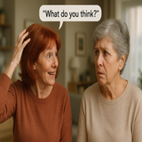 Annie asks Beryl 'what do you think' about her new red tinted hair-do. Beryl doesn't know what she means. They are both in their early 60s