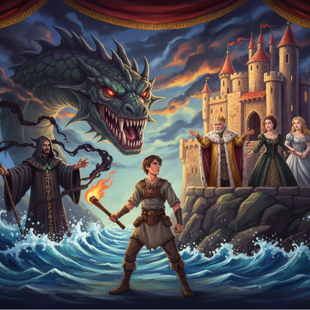 Assipattle, a simple farmer’s son, dreams of becoming a hero, but he’s bullied by his older brother Fingal. He’s defended by his sister Freya, and when she becomes maid to Princess Gemdelovely, Assipattle falls in love with the Princess. Then the kingdom is threatened by a ferocious sea-monster, the Stoorworm. Old King Magnus and his councillors have to find a plan to get rid of the creature. Meanwhile, Queen Beatris is plotting to remove the Princess from the court with the help of Murdo the Sorcerer. 