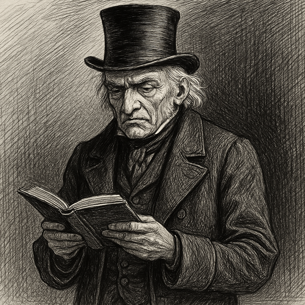Black and white illustration of Scrooge from A Christmas Carol by Dickens wearing a top hat and coat, holding a book.