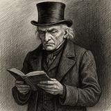 Black and white illustration of Scrooge from A Christmas Carol by Dickens wearing a top hat and coat, holding a book.