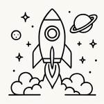 Black and white line drawing of a rocket taking off to space