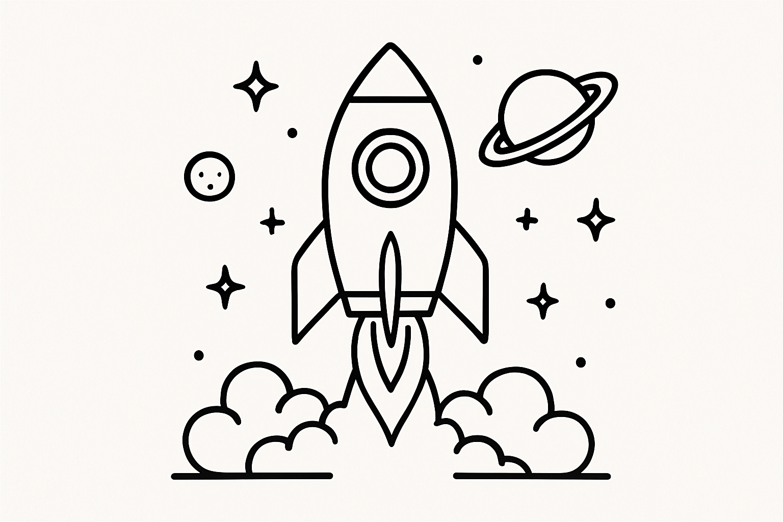 Black and white line drawing of a rocket taking off to space
