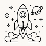Black and white line drawing of a rocket taking off to space