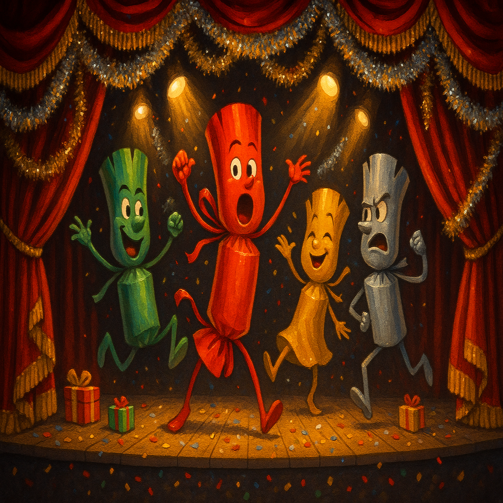 Christmas Crackers abound in this image set on a theatrical stage where the protagonists are presenting a Christmas show - the poster should have some comic energy and tinsel