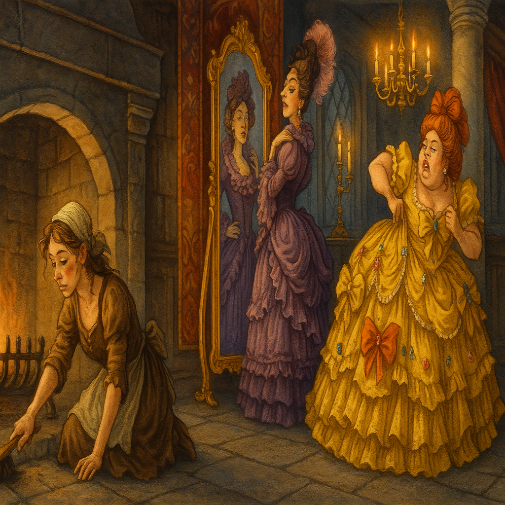 'Cinderella' cleans the fire grate as Ugly Sisters get dressed for the ball - pano poster