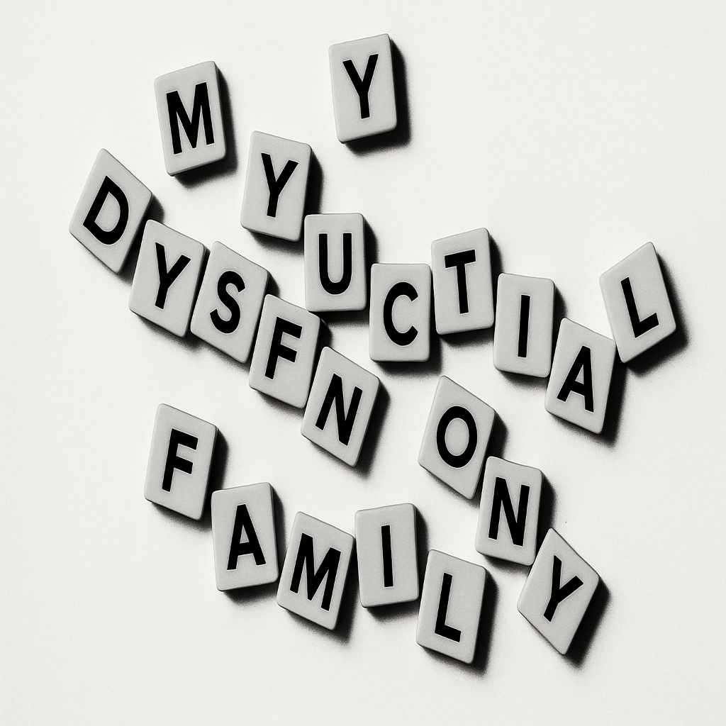 Create a black and white Poster that has jumbled up words that somehow spell out 'My dysfunctional family' (like scrabble pieces with individual letters