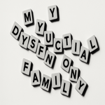 Create a black and white Poster that has jumbled up words that somehow spell out 'My dysfunctional family' (like scrabble pieces with individual letters