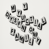 Create a black and white Poster that has jumbled up words that somehow spell out 'My dysfunctional family' (like scrabble pieces with individual letters