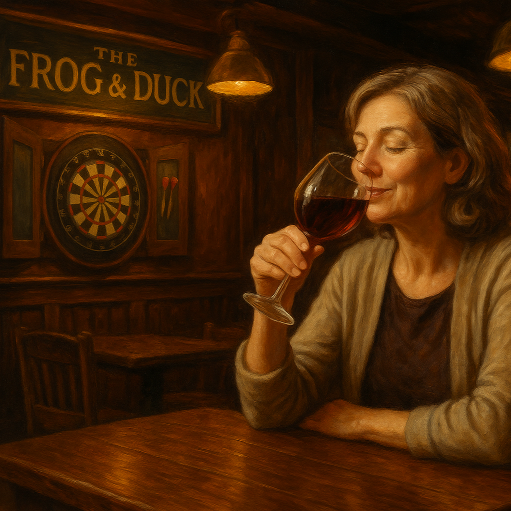 Darts time at 'The Frog & Duck Pub' with a middle-aged woman sipping a glass of Pinot