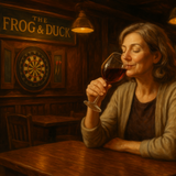 Darts time at 'The Frog & Duck Pub' with a middle-aged woman sipping a glass of Pinot