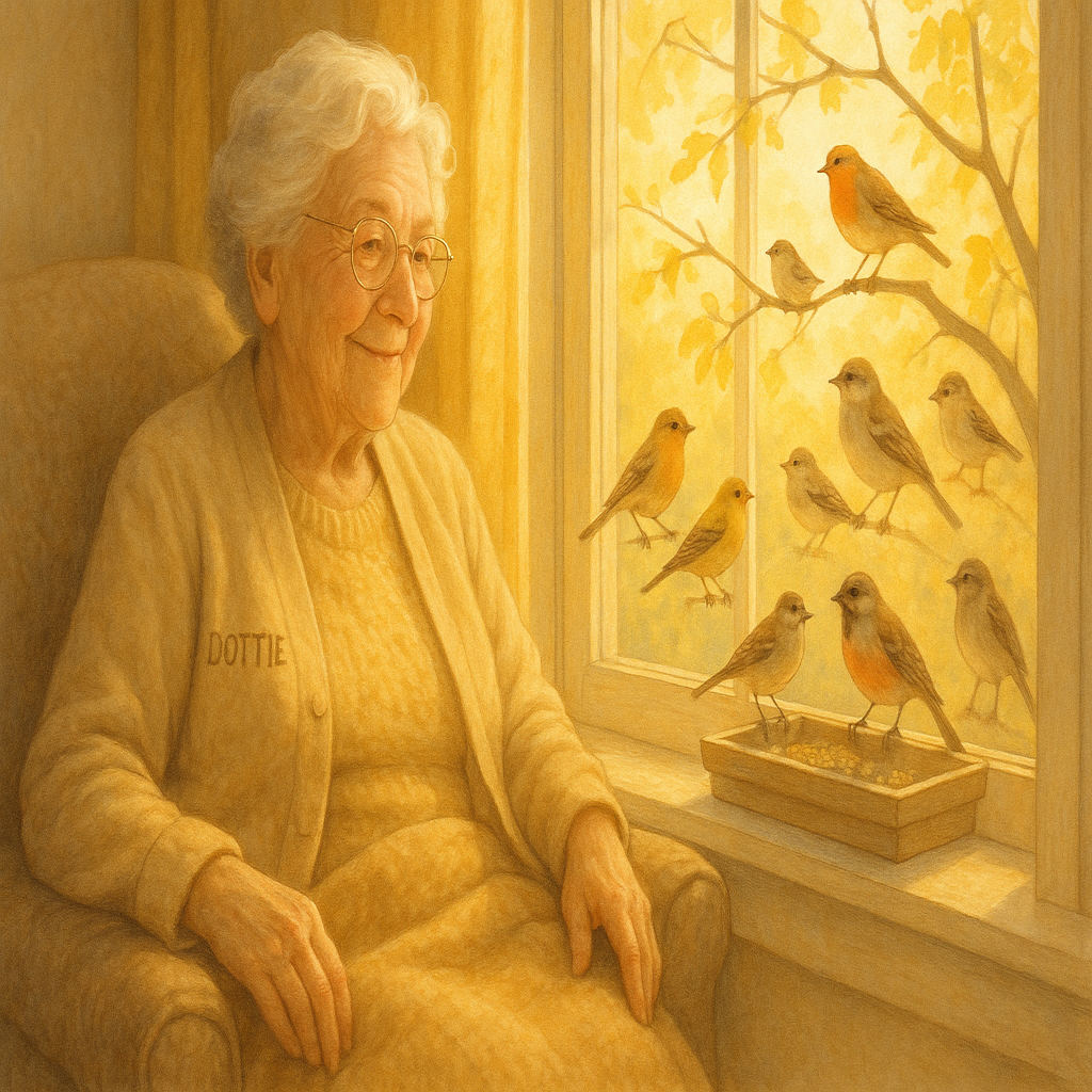 Dottie has dementia and loves watching the birds at the window in the bright sun