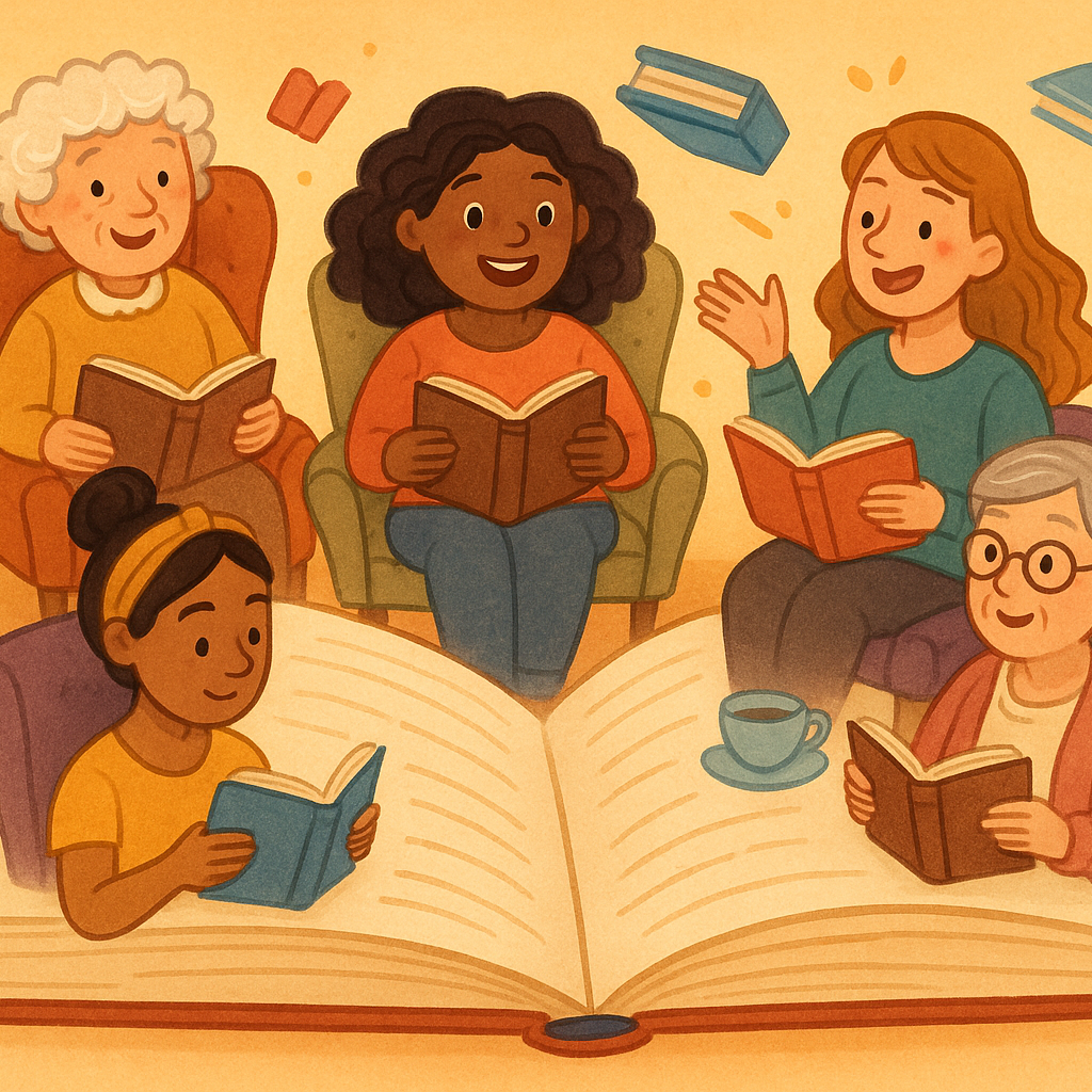 Five woman are members of a book club.  The image should contain images of them within the pages of the book.  Cartoony style 