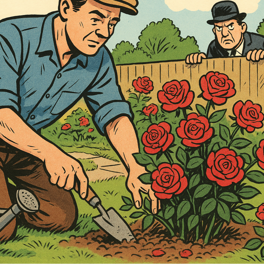 Frank is doing a bit of gardening work on the side but is reported to the DHSS for moonlighting.  The ikmage for the poster should show Frank working in the garden on the rosebeds and a benefits officer peeking over the wall looking to see whatg is going on.  A comic style is good for this image.