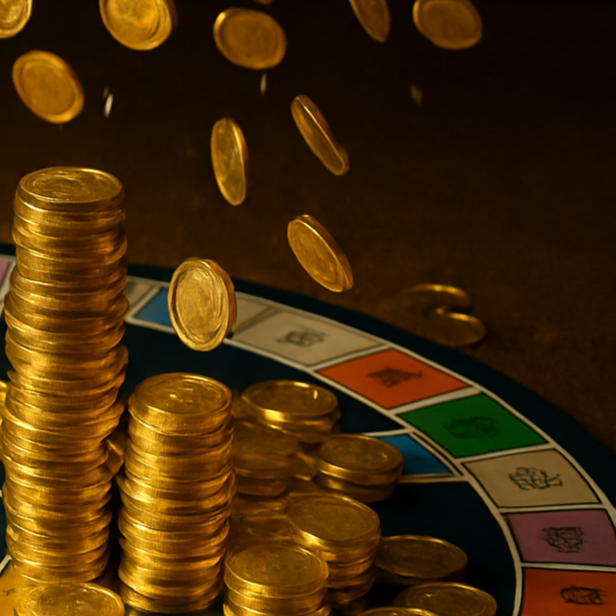 Gold coins shower down on a Trivial Pursuit board in piles