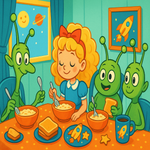 Goldilocks sits down to breakfast with three martians, cartoon