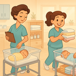 In a maternity ward three nurses go about their business.  One is a little elegant in her style. Cartoon effect would be good - a behind the scenes on a maternity ward but family friendly