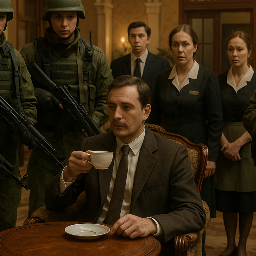 In a Russian hotel, a man drinks coffee as a group of soldiers led by a woman called olga surround him.  Other staff look on with quizzical expressions