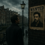 In Amsterdam by a canal a man sees himself on a poster with a WANTED sign