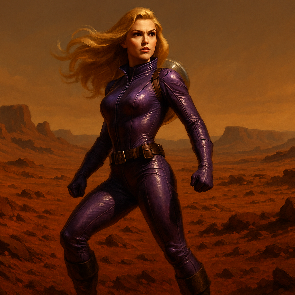 Intrepid and glamorous purple leather clad spacewoman with long blonde hair visite Mars to rescue her man