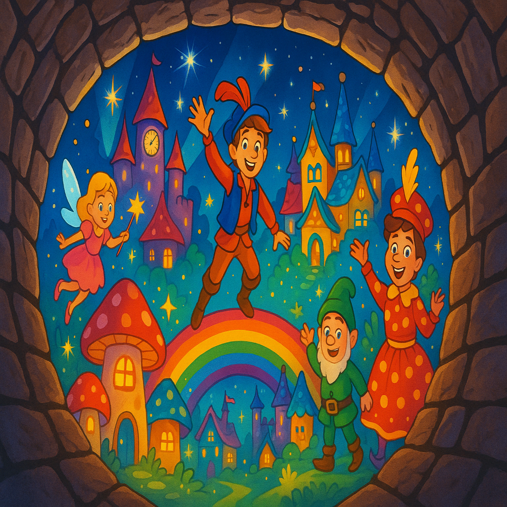 Looking down into a deep well, there is a fantastic other world, cartoony panto poster