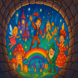 Looking down into a deep well, there is a fantastic other world, cartoony panto poster