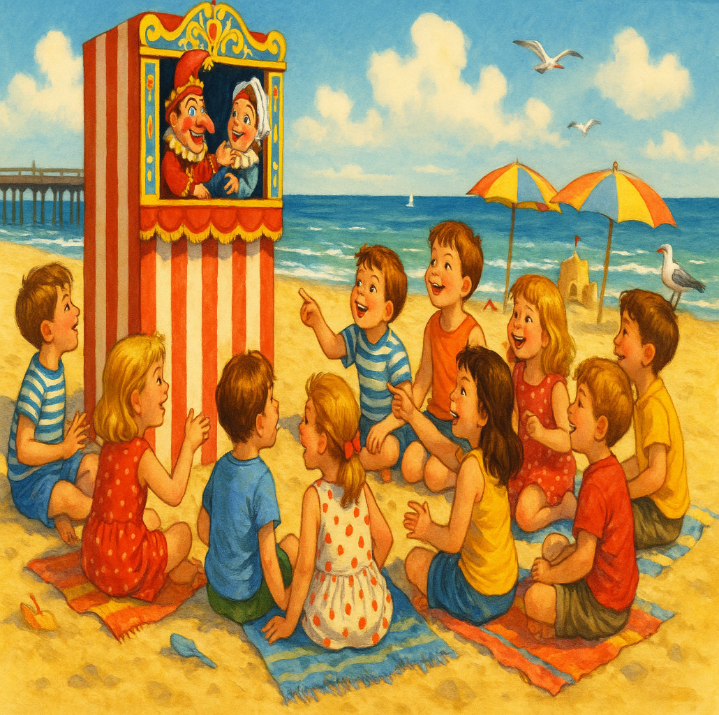 Lots of Young children watch a Puppet Show (Punch and Judy style) on the beach with a pier jutting out into the sea.  It is a sunny day on the beach for all.