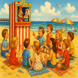 Lots of Young children watch a Puppet Show (Punch and Judy style) on the beach with a pier jutting out into the sea.  It is a sunny day on the beach for all.
