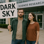 Man holds Animal Rights Sign with 'Dark Sky' written on it as he stands outside a Science Research building with his partner Mary