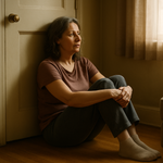 Middle aged woman sits in her house on the floor leaning up against the door, lonely