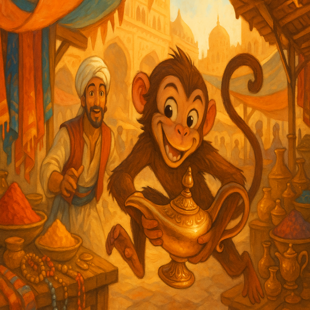 Molly a mischevious monkey steals Aladdin's lamp from a market sale stall with Sinbad watching on