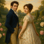 Mr and Mrs Bennett from Pride and Prejudice are pictured here in period costume twenty years before we meet them in the novel; by Jane austen.  The image should feature them as a couple in period costume in a rose garden looking back over their shoulders